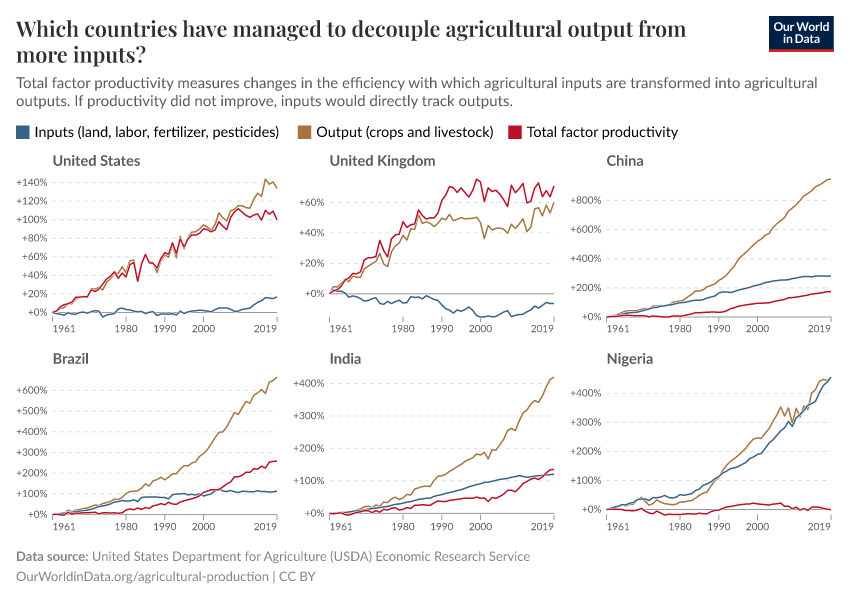 Which countries have managed to decouple agricultural output from more inputs?