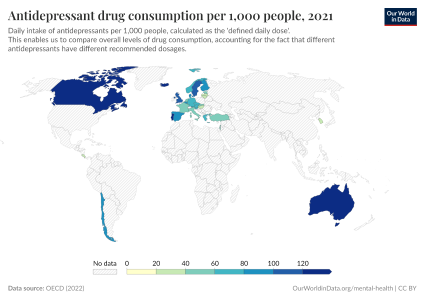 Antidepressant drug consumption per 1,000 people