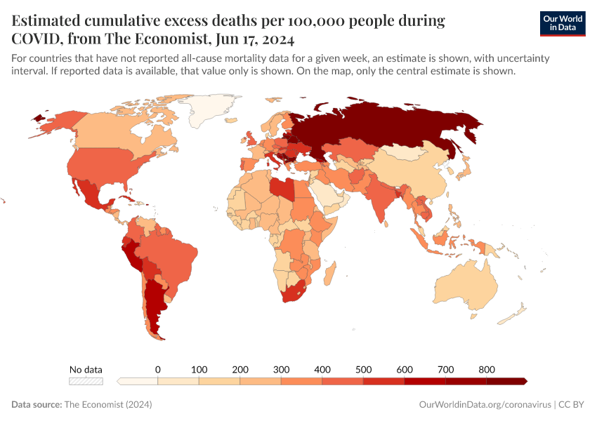 Estimated cumulative excess deaths per 100,000 people during COVID, from The Economist