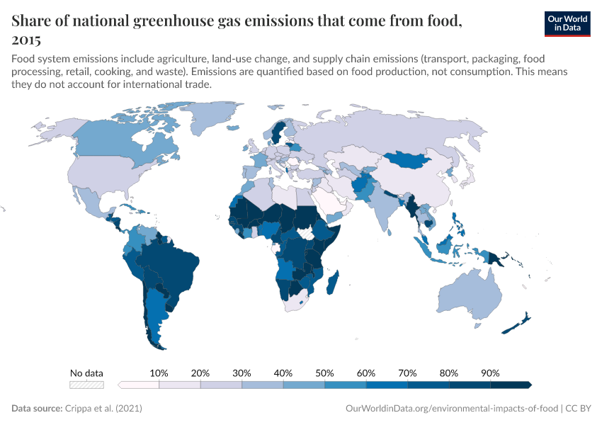 Share of national greenhouse gas emissions that come from food