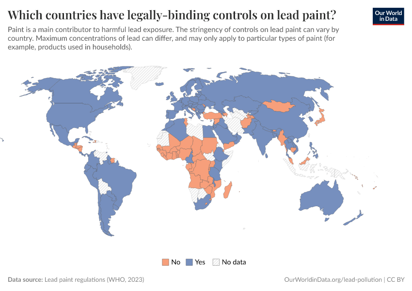 Which countries have legally-binding controls on lead paint?