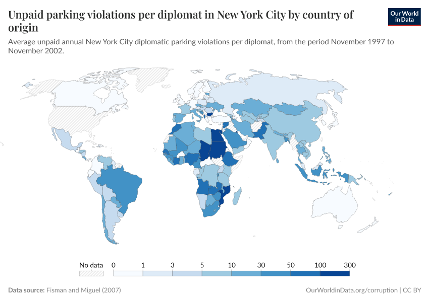 Unpaid parking violations per diplomat in New York City by country of origin