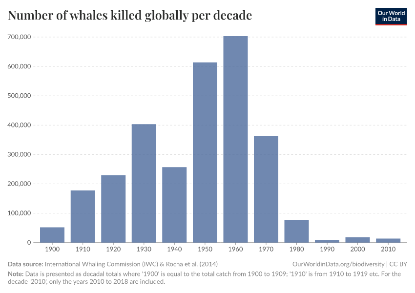 Number of whales killed globally per decade