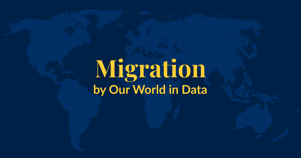 A dark blue background with a lighter blue world map superimposed over it. Yellow text that says Migration by Our World in Data