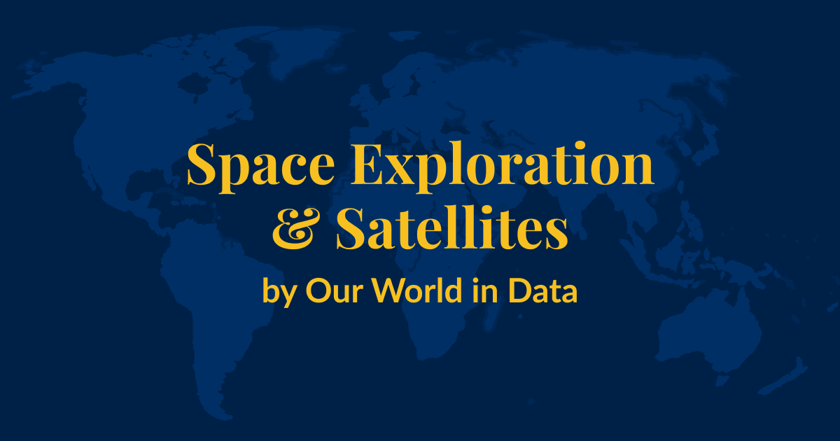 A dark blue background with a lighter blue world map superimposed over it. Yellow text that says Space Exploration & Satelites by Our World in Data